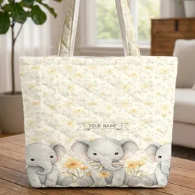 Baby Elephants Wildflowers Daisies - Personalized Wildlife Lover Gift Quilted Tote Bag