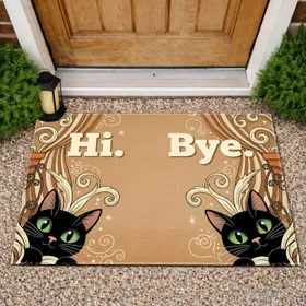 Black Cats Hi Bye Text Botanical Plants - Home Decor Cat Lover Gift Doormat