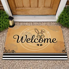 Welcome Bunny Paw Prints Black White Stripe - Everyday Home Entry Decor Gift Doormat