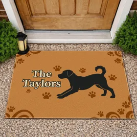 Black Dog Deep Play Bow Custom Family Name Paw Prints - Outdoor Home Decor Gift Doormat