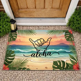 Shaka Hand Aloha Hawaiian Beach Sunset Tropical Home Decor Gift Doormat