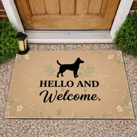 Standing Dog Silhouette Hello Welcome Botanical Paw Prints - Home Decor Gift Doormat