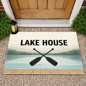 Lake House Canoe Paddles Serene Lake Forest Landscape Rustic Home Decor Gift Doormat