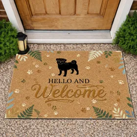Cheerful Pug Dog Hello Welcome Sign Botanical Ferns Paw Prints - Home Entryway Decor Gift Doormat