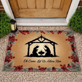 Nativity Scene Guiding Star Frosted Pine Berries Plaid - Christmas Home Decor Doormat