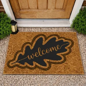 Black Oak Leaf Welcome Calligraphy - Golden Brown Coir Texture Home Decor Gift Doormat
