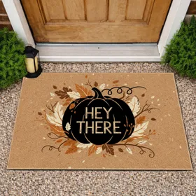 Black Pumpkin Silhouette Hey There Text Fall Leaves - Autumn Home Decor Doormat
