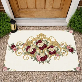 Opulent Gold Heart Frame Rose Bouquets Wildflower Garden - Home Decor Gift Doormat