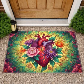 Stained Glass Anatomical Heart Botanical Floral - Garden Decor Gift Doormat