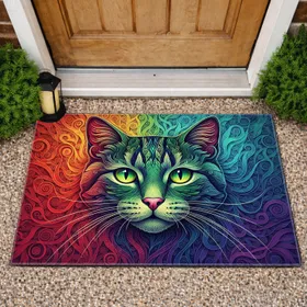 Vibrant Jewel Tone Rainbow Filigree Cat Face Home Decor Gift for Cat Lover Doormat