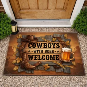 Western Saloon Beer Mug Cowboys Welcome - Rustic Bar Decor for Beer Lovers Doormat