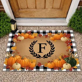 Custom Letter Monogram Autumn Pumpkins Fall Leaves Buffalo Check - Harvest Home Decor Doormat