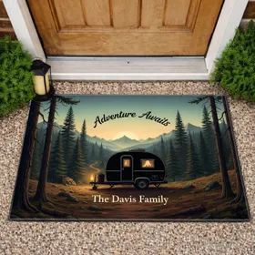 Teardrop Camper Forest Wilderness Custom Name - Adventure Awaits Family Outdoor Decor Doormat