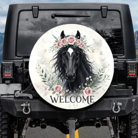 Black Horse Floral Crown Welcome Eucalyptus Butterflies Spare Tire Cover