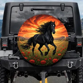 Black Friesian Horse Galloping Red Poppies Sunset - Horse Lover Gift Spare Tire Cover