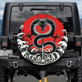 Black Dragon Samurai Sword Red Sun Wave - Mythology Lover Travel Essentials Spare Tire Cover
