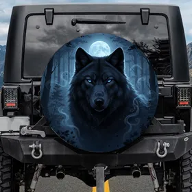 Majestic Black Wolf Head Electric Blue Eyes Moonlit Forest - Wildlife Lover Gift Spare Tire Cover