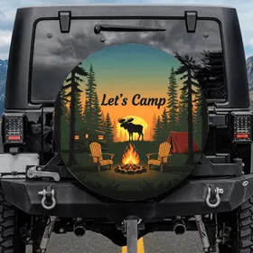 Let's Camp Campfire Adirondack Chairs Camper Moose Sunset - Camping Trip Gift Spare Tire Cover