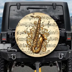 Antique Brass Saxophone Elegant Clefs Musical Notes - Aged Parchment Jazz Music Lover Gift Spare Tire Cover