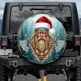 Majestic Fierce Viking Santa Claus Battle Axes Celtic Knotwork Christmas Holiday Gift Spare Tire Cover