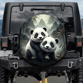 Wide-Eyed Baby Pandas Playfully Climbing Bamboo Forest Wildlife Lover Gift Spare Tire Cover