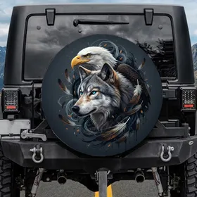 Formidable Bald Eagle Gray Wolf Profile Feather Motifs - Wildlife Lover Gift Spare Tire Cover