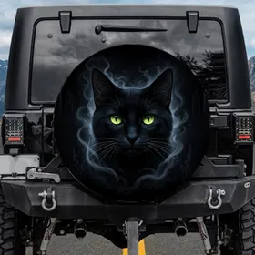 Sleek Black Cat Glowing Yellow Green Eyes Whiskers - Mysterious Home Decor Gift for Cat Lover Spare Tire Cover