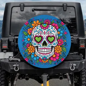 Calavera Marigold Daisy Flowers Día de Muertos Folk Art Gift Spare Tire Cover