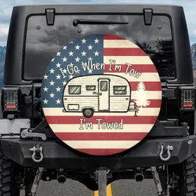 Vintage Travel Trailer American Flag - Road Trip Essential - Camper Gift Spare Tire Cover