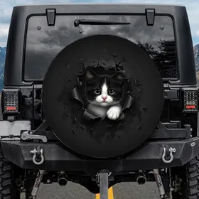 Black and White Kitten Peeking Torn Canvas - Pet Lover Gift for Cat Owners Spare Tire Cover