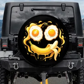 High Contrast Realistic Fried Egg Banana Smiley Face - Fun Driving Lifestyle Gift for Foodies Spare Tire Cover