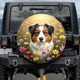 Australian Shepherd Border Collie Puppy Lush Wildflower Cosmos Poppies Garden - Dog Lover Gift Spare Tire Cover