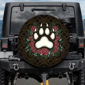 Bear Paw Claw Print Roses Berries Damask - Off-Roading Camping Adventure Gift Spare Tire Cover