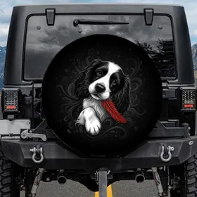 Black White Spaniel Dog Red Feather - Pet Lover Automotive Gift Spare Tire Cover