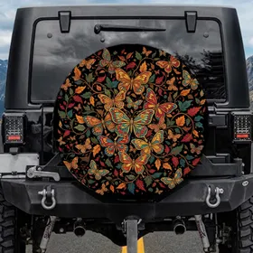 Butterflies Autumn Leaves Branches - Black Background Autumn Decor Gift for Nature Lover Spare Tire Cover