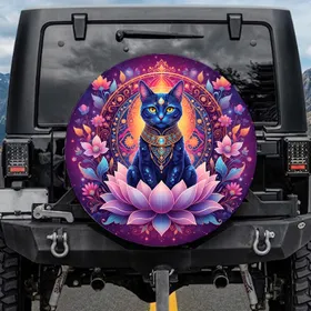Sapphire Cat Lotus Mandala Boho Lifestyle Gift for Cat Lover Spare Tire Cover