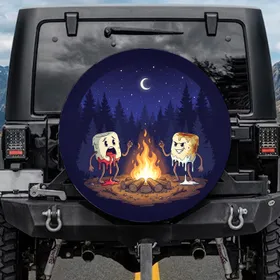 Startled Marshmallow Campfire Night Sky Pine Forest - Camping Adventure Gift Spare Tire Cover