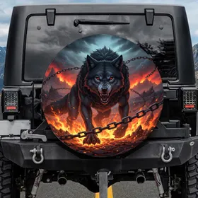 Ferocious Dark Wolf Fiery Volcanic Landscape - Adventure Lover Auto Decor Gift Spare Tire Cover