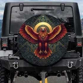 Powerful Majestic Crimson Gold Eagle Art Deco Geometric Tribal - Wildlife Lover Gift Spare Tire Cover
