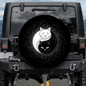 Intertwined Black White Cat Yin Yang Symbol - Cosmic Dust Cat Lover Decor Gift Spare Tire Cover
