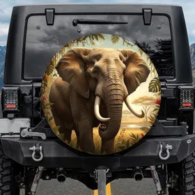 African Elephant Ivory Tusks Tropical Jungle Savanna Landscape - Wildlife Lover Decor Gift Spare Tire Cover
