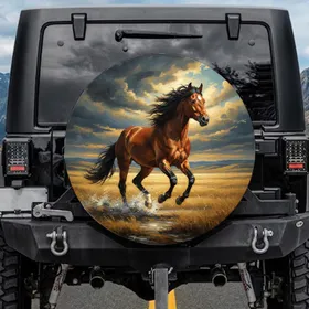Powerful Bay Horse Gallop Storm Clouds Prairie - Wildlife Lover Gift for Horse Lover Spare Tire Cover
