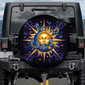 Golden Sun Blue Moon Butterflies Stars Cosmic Night Sky - Celestial Lover Gift Spare Tire Cover