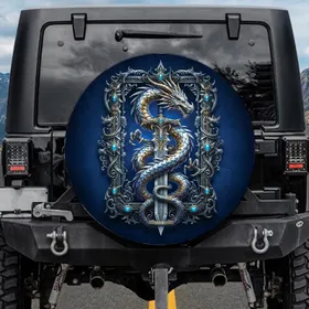 Silver Gold Dragon Broadsword Azure Gems - Fantasy Lover Gift for Adventure Seeker Spare Tire Cover