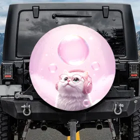 White Cat Pink Glasses Headphones Iridescent Bubbles - Car Decor Gift Spare Tire Cover