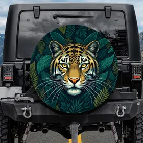 Majestic Jungle Cat Yellow Eyes White Whiskers Tropical Foliage - Wildlife Lover Gift Spare Tire Cover