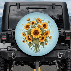 Lush Sunflower Bouquet Golden Wisps Sky Blue Field - Auto Decor Gift for Drivers Spare Tire Cover