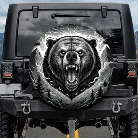 Grizzly Bear Roaring Dark Mist Forest - Wildlife Lover Gift Spare Tire Cover
