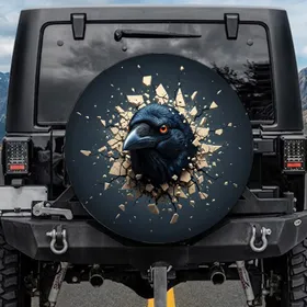 Black Crow Orange Eye Shattered Concrete Fissures - Wildlife Lover Gift Spare Tire Cover