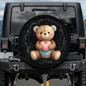 Patchwork Teddy Bear Holding Heart - Nursery Decor Gift for Baby Shower Spare Tire Cover